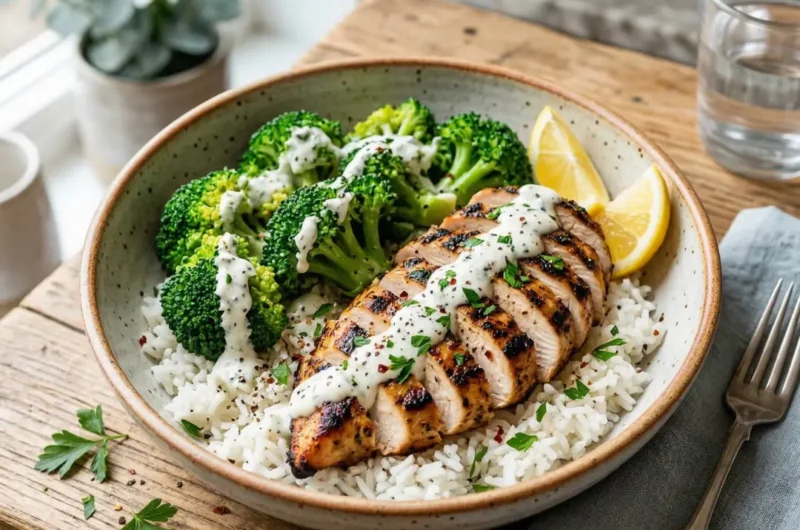 Grilled Chicken Broccoli Bowls with Creamy Garlic Sauce