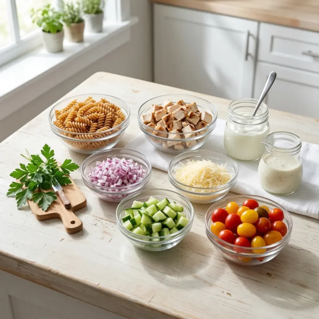 Ingredients creamy ranch protein pasta salad