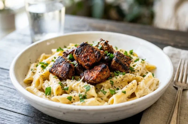 Savory Cajun Steak Tips with Cheesy Penne Parmesan Sauce