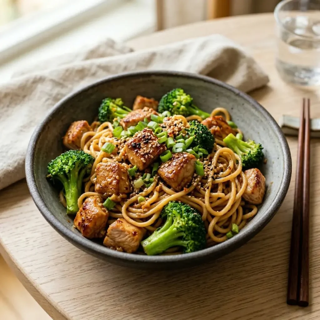 Spicy Garlic Chicken Broccoli Noodle Bowls
