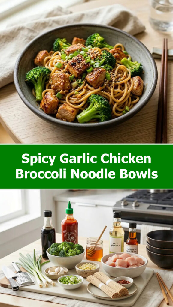 Spicy Garlic Chicken Broccoli Noodle Bowls